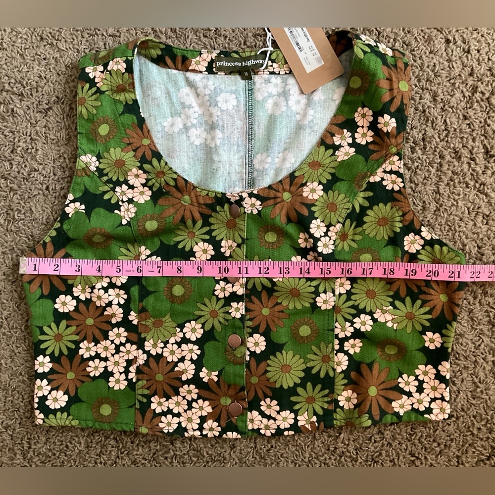NWT~Princess Highway 60’s 70’s Inspired Green, Brown, & Cream Floral Vest, Large - Picture 4 of 7